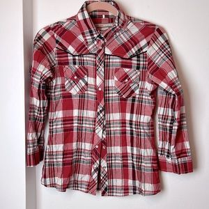 Red pleated long sleeve shirt with silver thread